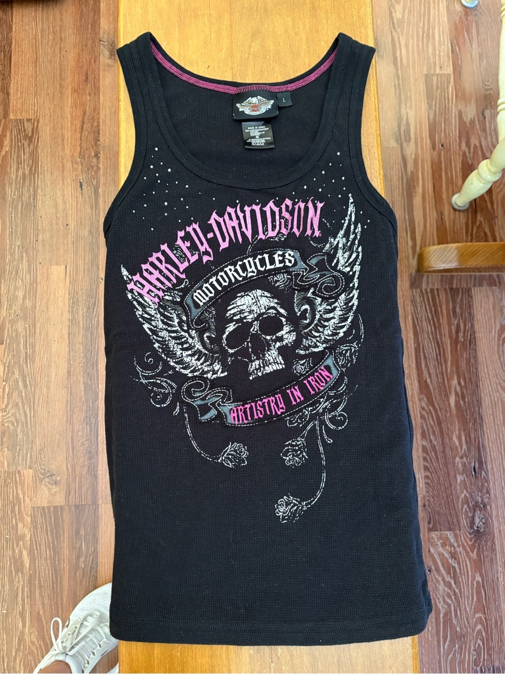 Harley-Davidson Black Tank with Pink & White Skull Wing Graphic